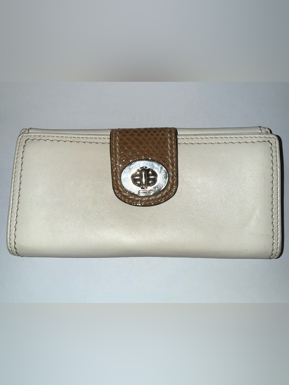 Coach Cream and Brown Leather Wallet with Signature Turnlock